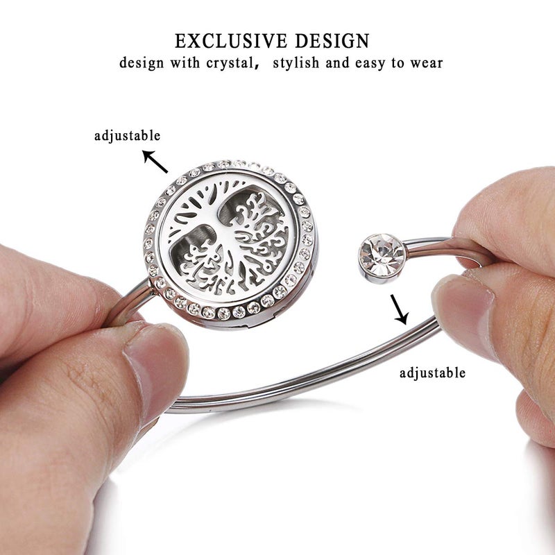 Cupimatch Adjustable Tree of Life Essential Oil Diffuser Bracelet, Stainless Steel CZ Aromatherapy Locket Bangle 8 Color Pads Jewelry Set for Women Gifts (Tree) for Mothers Day - Image 2